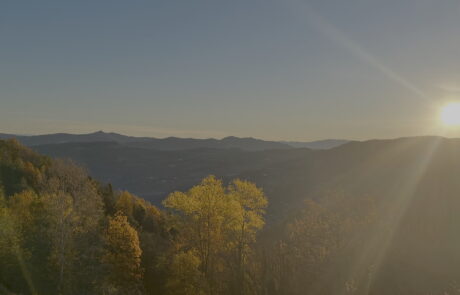 L'alba sulle colline boscose dell'Alta Langa, vista da Case Vista Alta Langa