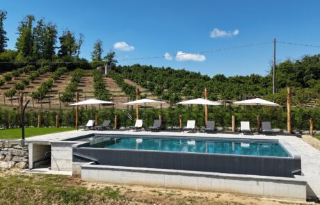 Piscina Infinity con lettini al Case Vista Alta Langa in Piemonte