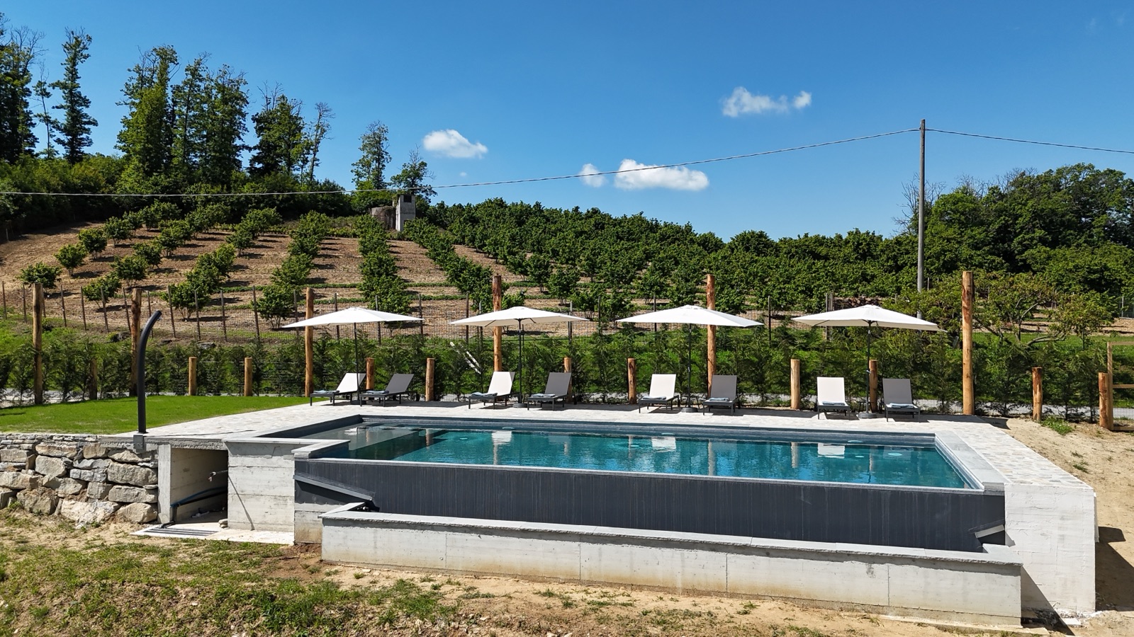 Infinity zwembad met ligbedden bij Case Vista Alta Langa in Piemonte